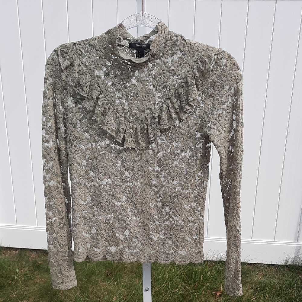 Forever 21 Sheer Sage Green Stretch Lace Ruffle Turtleneck
